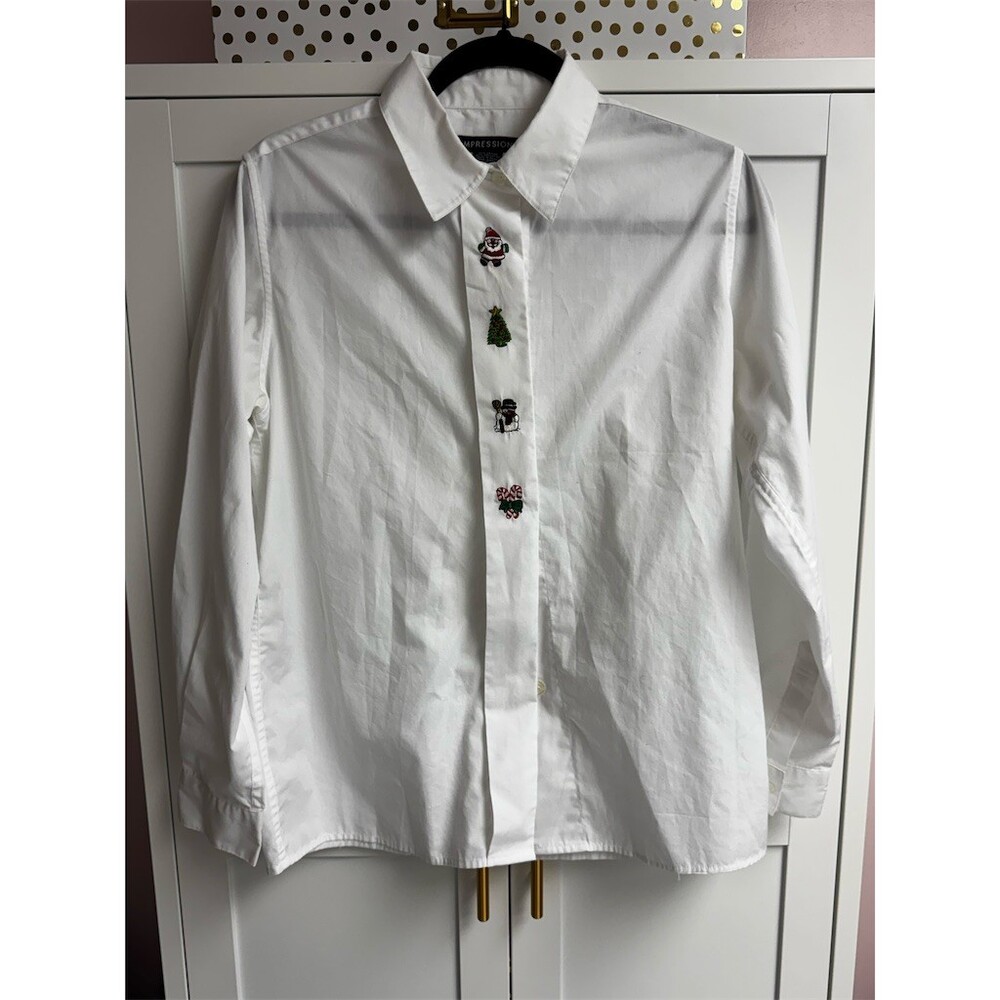 Impressions Button-Up Shirt Womens Size 10 White Christmas Embroidered LS